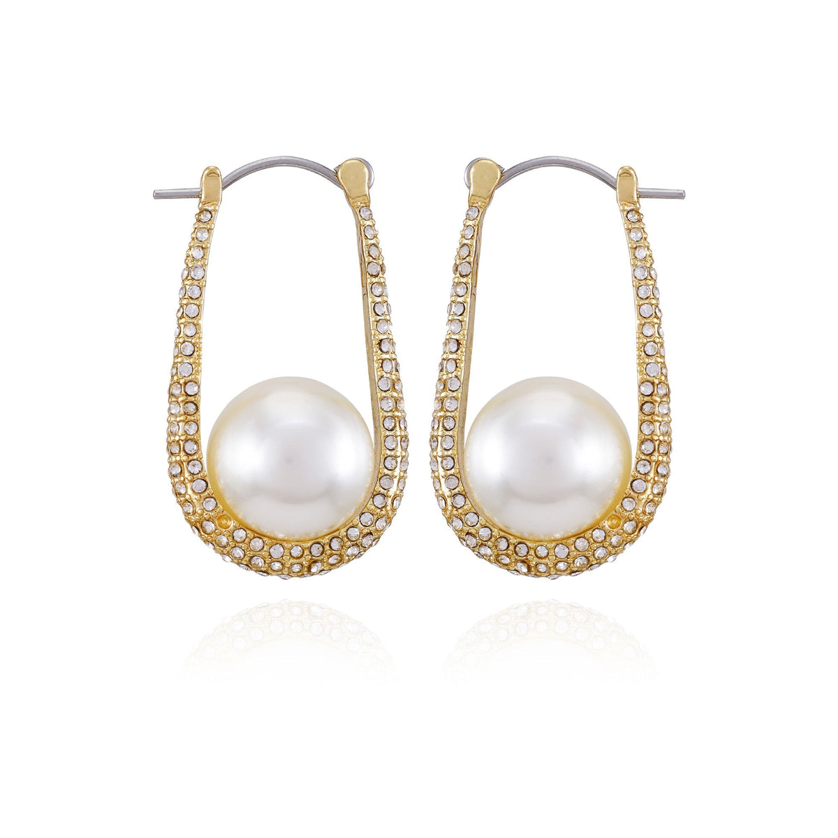 Goldtone Crystal Stone Pearl Hoop Earrings
